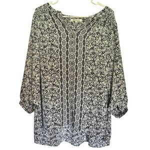 ROSE OLIVE Womens 1X‎ Blue White Floral Smocked V Neck 3/4 Sleeve Tunic Top